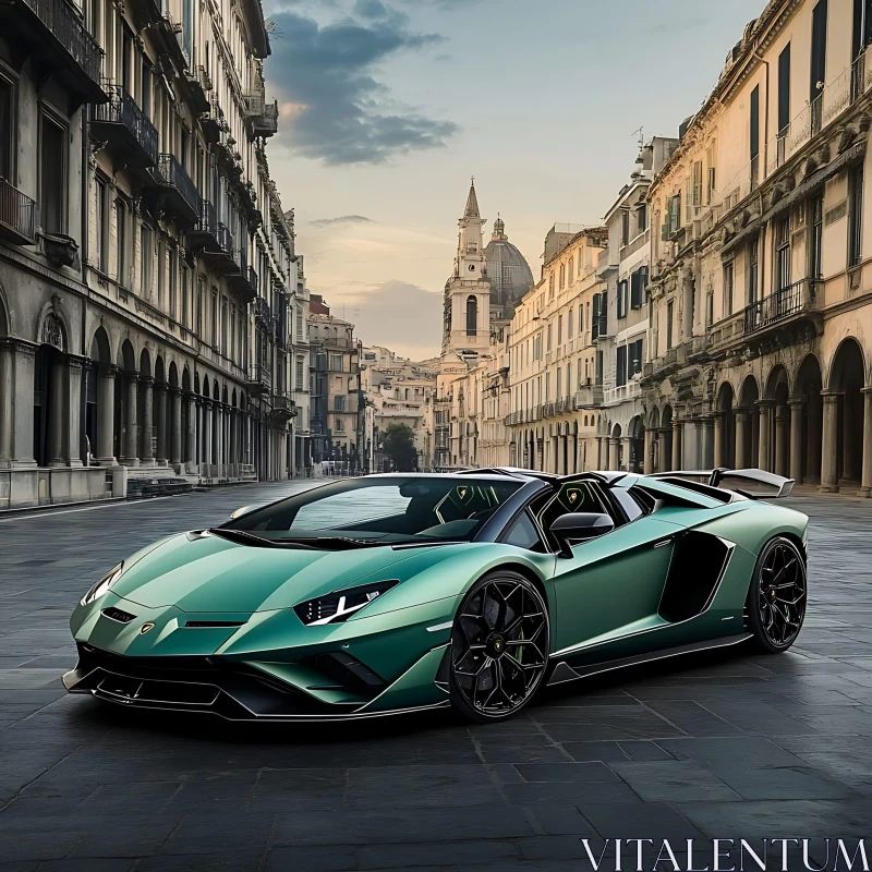 Exotic Green Supercar in Urban European Setting AI Image