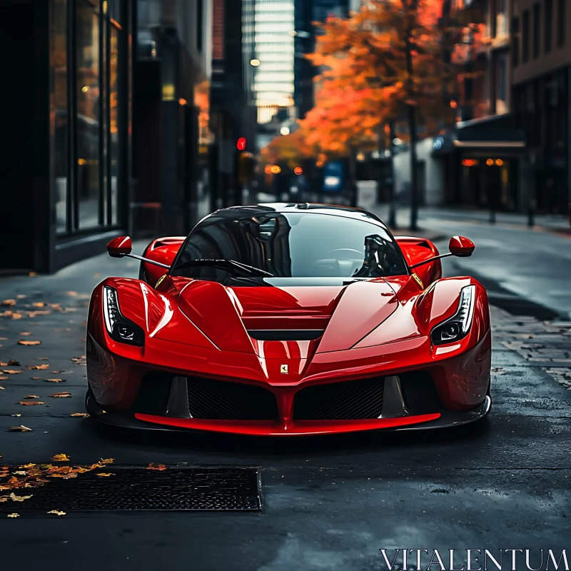 Elegant Red Supercar Amidst Urban Autumn Scenery AI Image