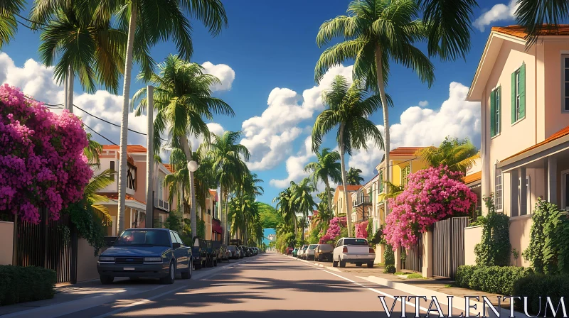 Picturesque Street with Palm Trees and Colorful Houses AI Image