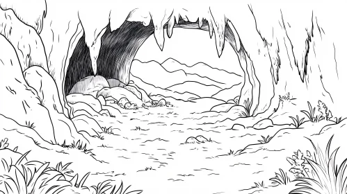 Intricate Black and White Cave Landscape Illustration