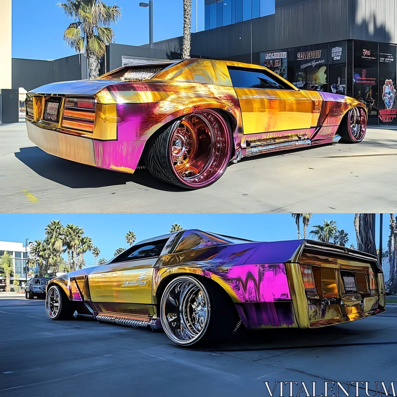 Striking Car with Reflective Metallic Paint Under City Palms AI Image