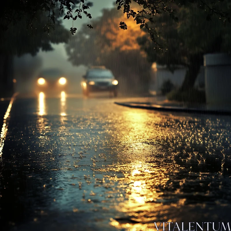 AI ART Reflective Rainy Night with Streetlights and Cars