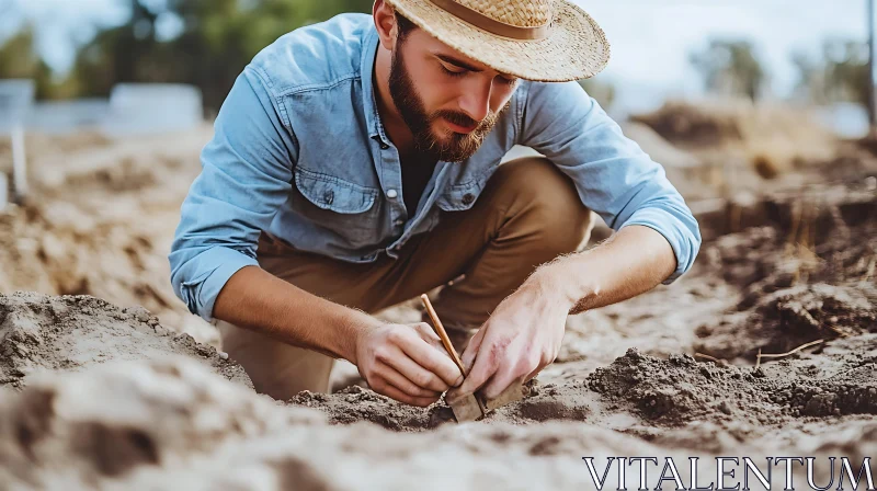 Focused Archaeologist at Work in the Field AI Image