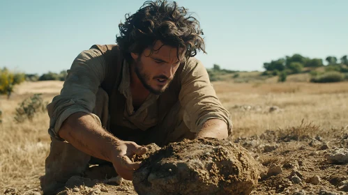 Determined Man in Dry Field