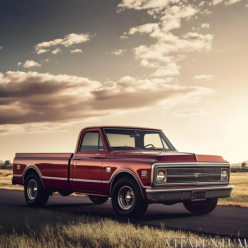 Classic Red Truck in Countryside Sunset AI Image