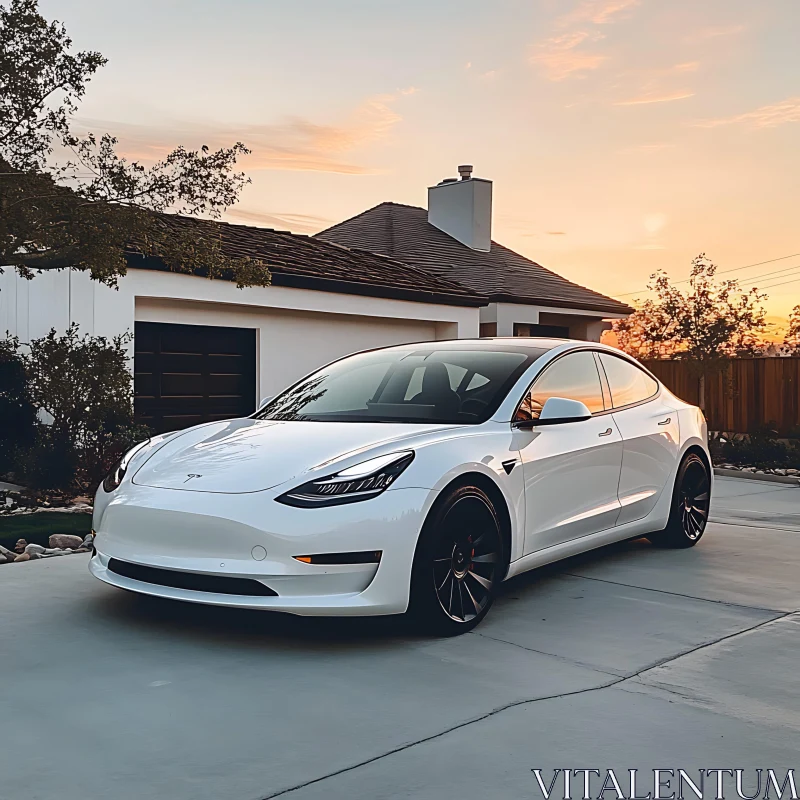 White Electric Car in Driveway During Sunset AI Image