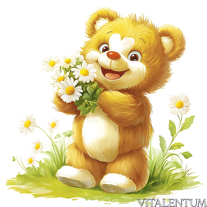 AI ART Joyful Bear Holding Flowers Illustration