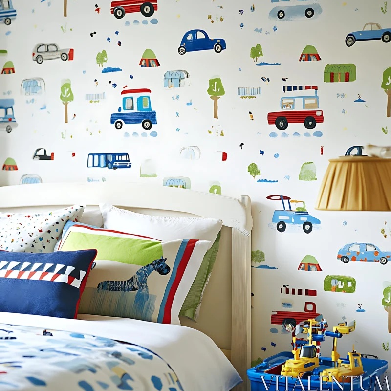 Children's Room with Car Wallpaper and Toys AI Image