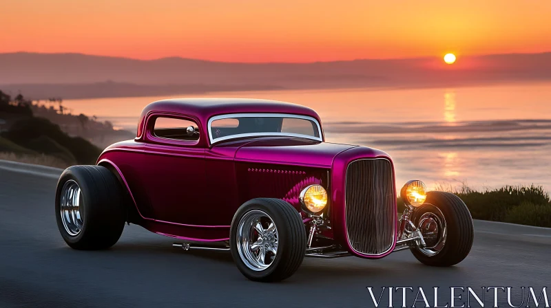 Vintage Automobile on Coastal Road at Sunset AI Image