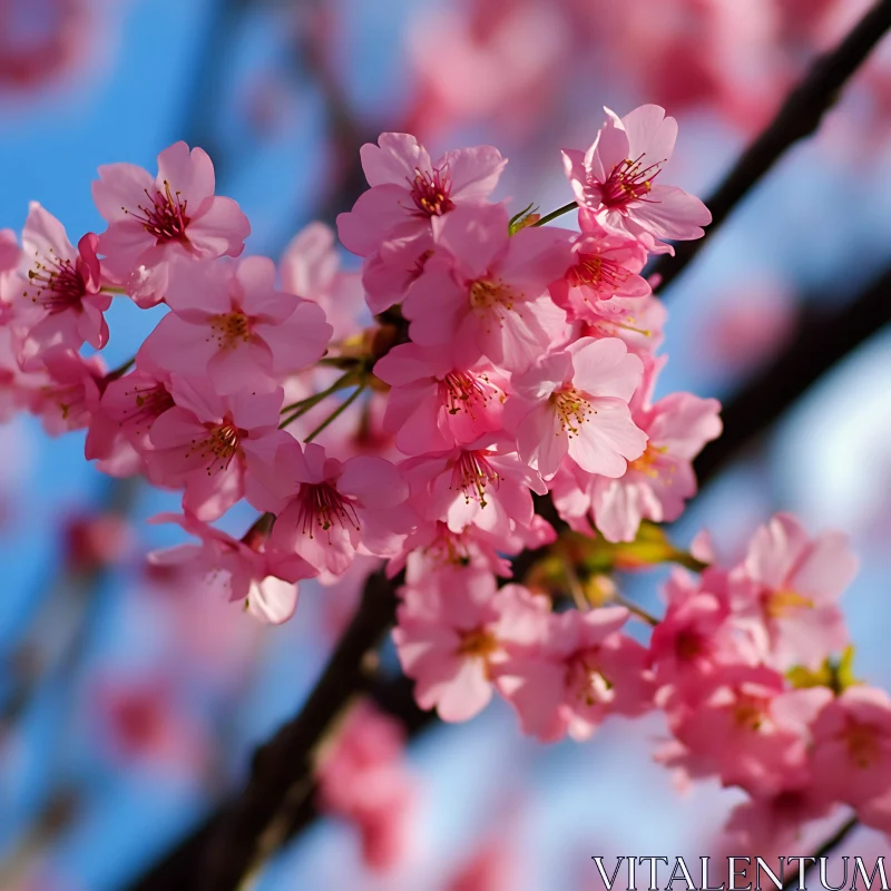 Pink Cherry Blossoms Against Blue Sky AI Image