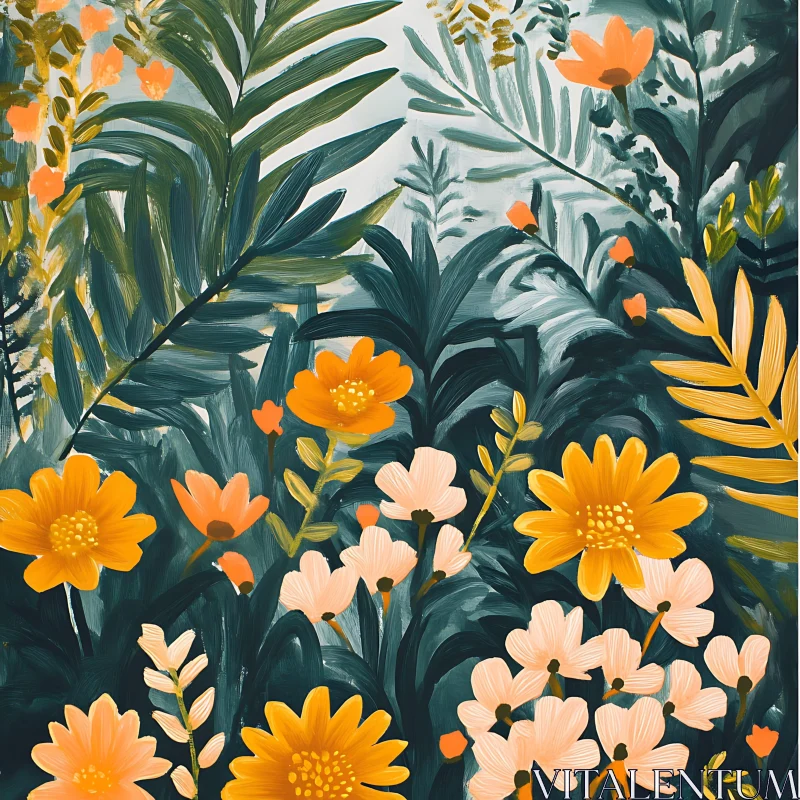 Floral Painting with Green Leaves and Bright Flowers AI Image