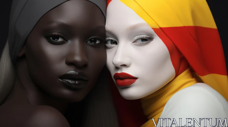 Captivating Image of Two Women with Red and Yellow Headwear AI Image