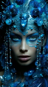 Enchanting Blue Fantasy Face with Feathers and Gems