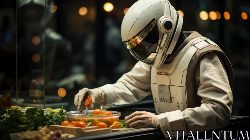 Futuristic Military Robot Prepares Food in Space AI Image