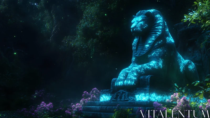 Enchanted Lion Statue with Blue Glow AI Image