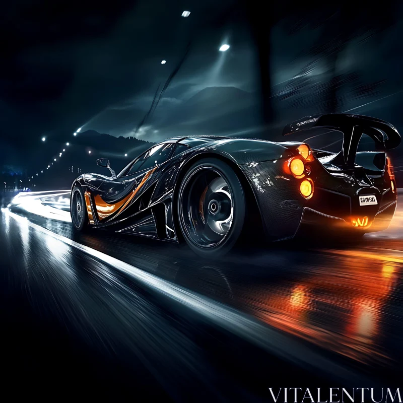 Supercar Speeding Through Rain-Slicked Roads at Night AI Image