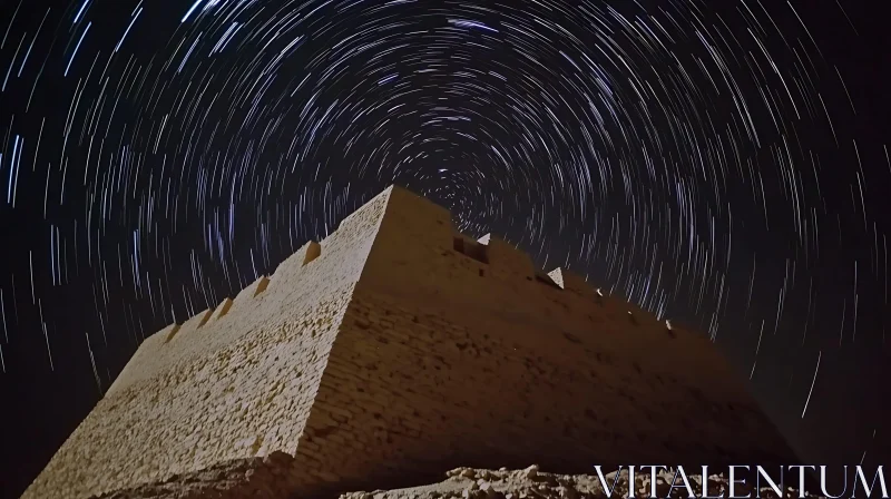 Night Sky and Star Trails Above Old Stone Building AI Image