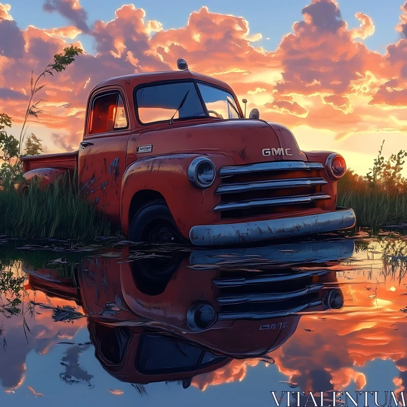 Vintage Truck Reflecting in Sunset Pool AI Image