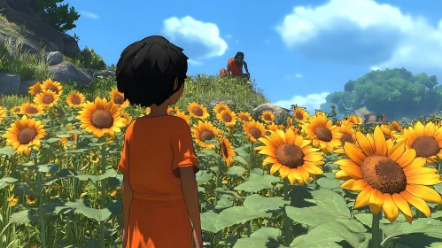 Sunflower Field Scene with Cartoon Children