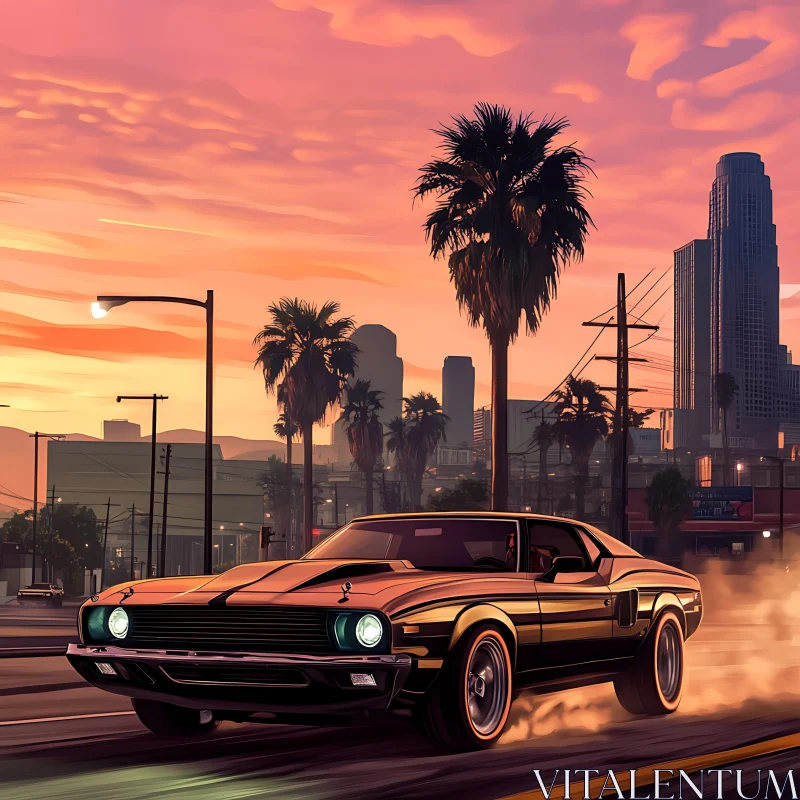 Classic Muscle Car at Dusk in the City AI Image