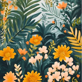 Floral Painting with Green Leaves and Bright Flowers