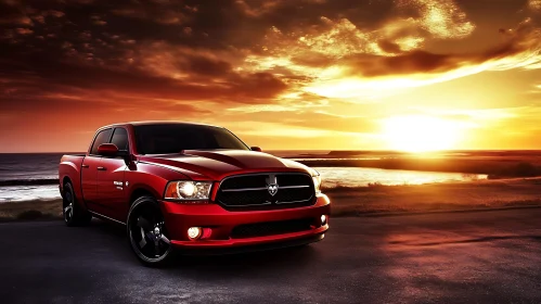 Red Truck at Scenic Sunset