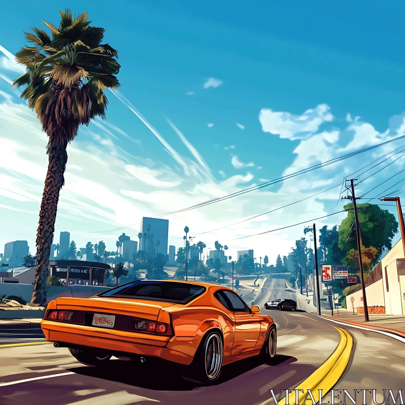 Orange Car on Road Trip through City Streets AI Image