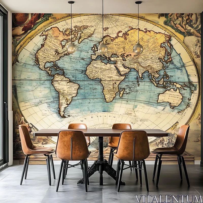 Modern Dining Room with Vintage Map Wall Art AI Image