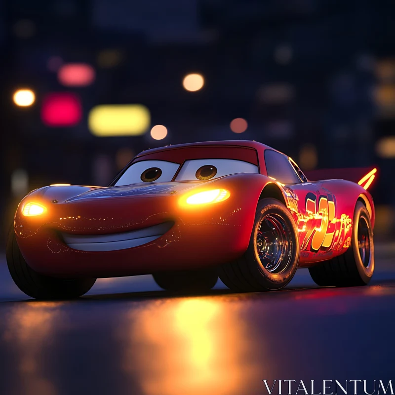 Cheerful Animated Car at Night AI Image