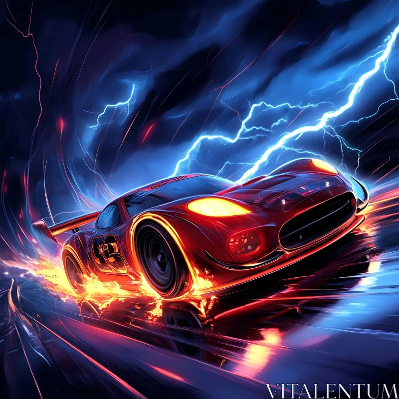 Red Sports Car in Stormy Night with Lightning AI Image