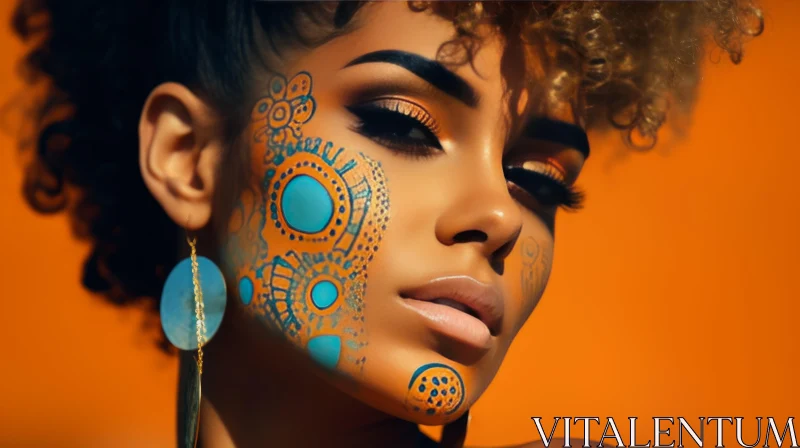 Intricate Geometric Designs: Beautiful Girl with Blue Face Paint AI Image