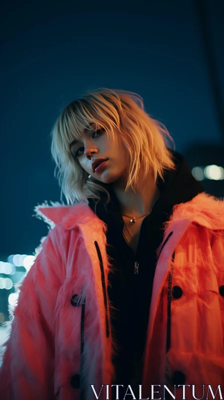 Neon-Lit Urban Fashion: A Short Blonde Woman in a Pink Fur Coat AI Image