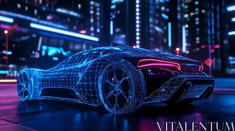 Neon Lit Futuristic Car in Digital Cityscape AI Image