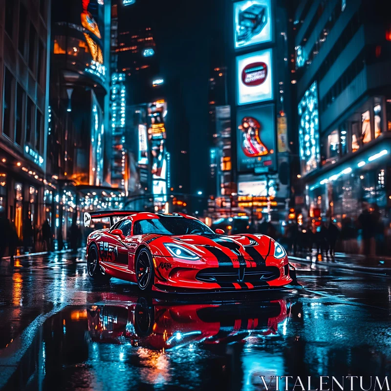 Nighttime Urban Scene with Red Sports Car AI Image