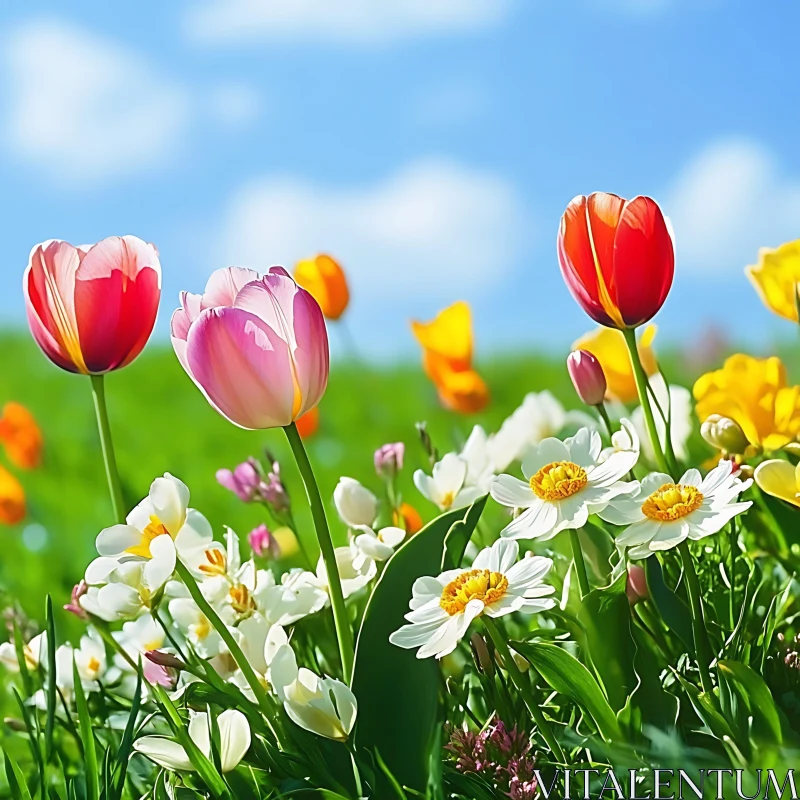 Spring Tulips and Daisies in Full Bloom AI Image