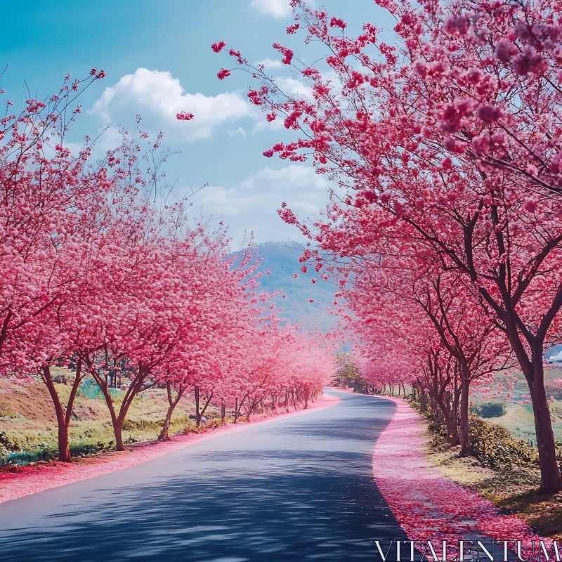 AI ART Serene Road Amidst Cherry Blossoms in Full Bloom