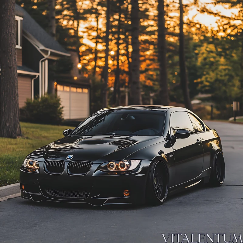 Sleek Black BMW in Golden Evening Light AI Image