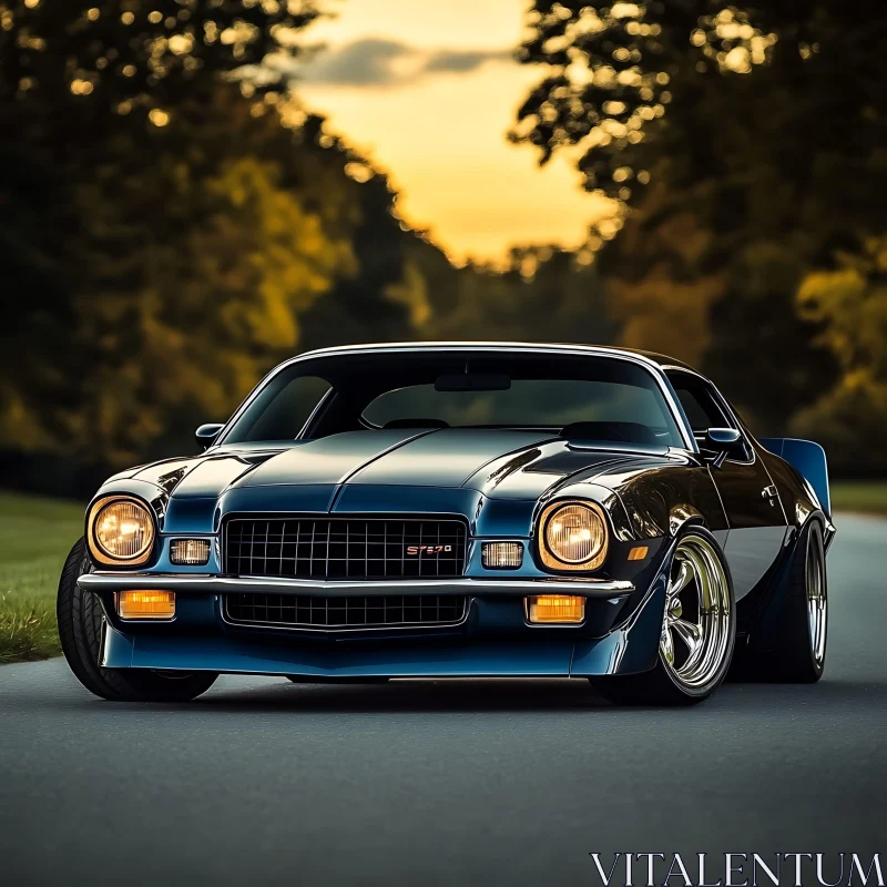 Blue Vintage Muscle Car on Serene Road AI Image