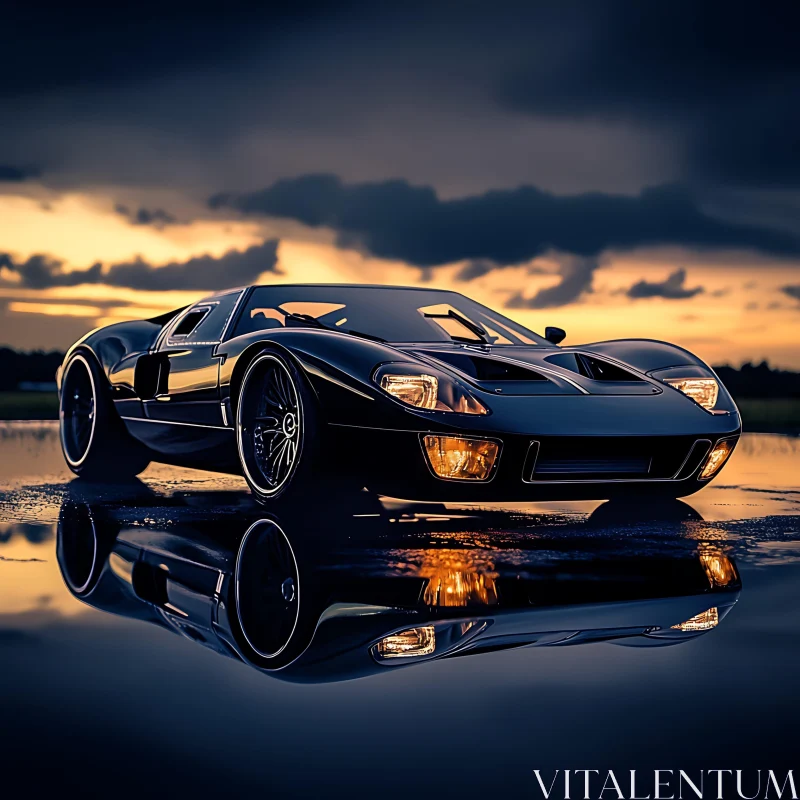 Elegant Sports Car at Sunset Reflection AI Image