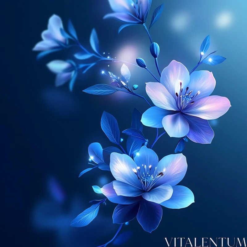 AI ART Luminous Floral Art with Blue Blossoms