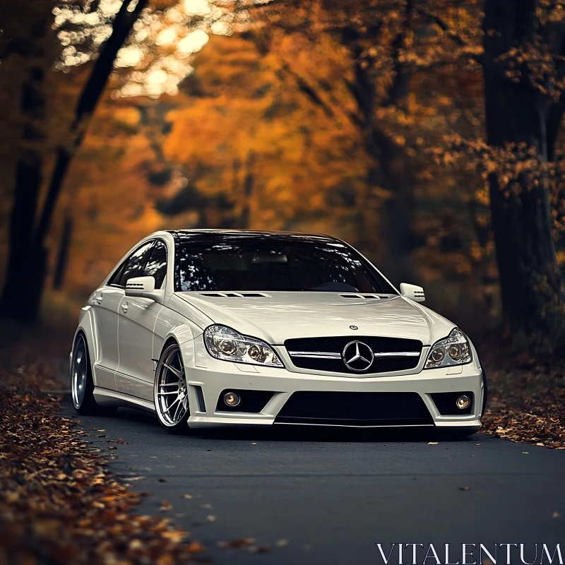 Elegant White Mercedes-Benz among Fall Foliage AI Image