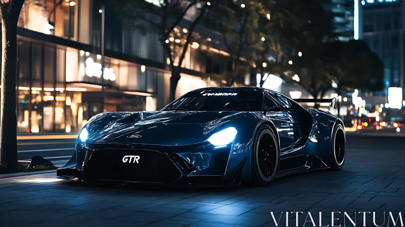 Glossy Black Sports Car in Urban Night Scene AI Image