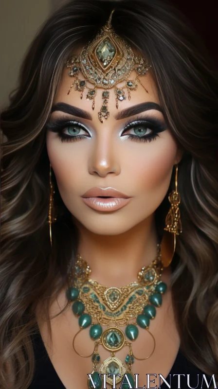 Golden and Traditional Jewellery Model with Light Turquoise and Dark Gray Makeup AI Image