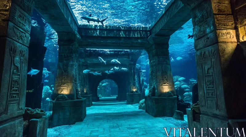 Submerged Ancient Temple Teeming with Ocean Life AI Image