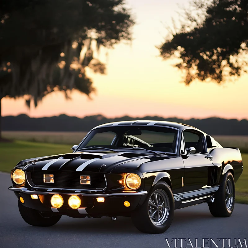 Vintage Black Car with Stripes in Sunset Glow AI Image