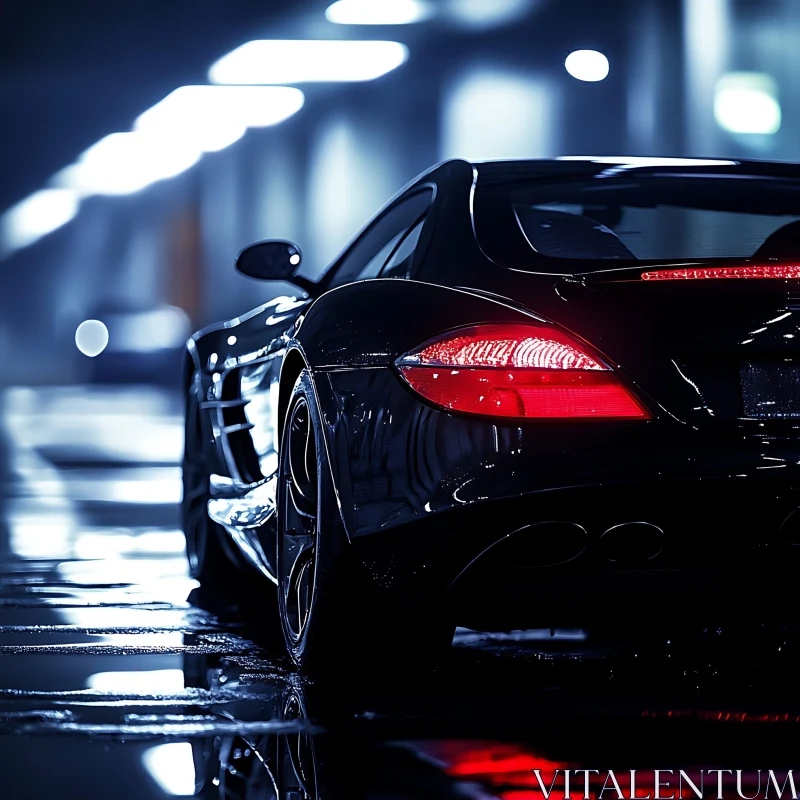 Sleek Black Car with Red Taillights at Night AI Image