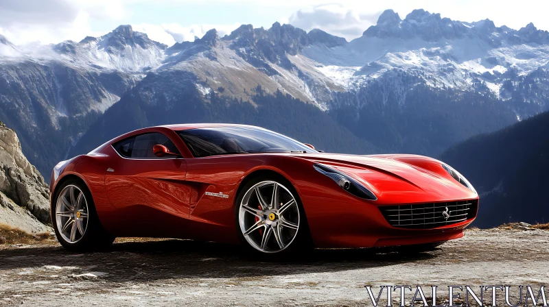 Luxury Red Sports Car in Mountainous Landscape AI Image