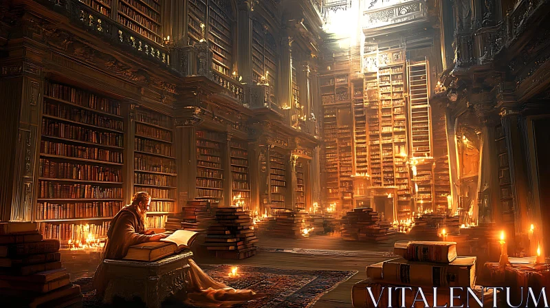 AI ART Library Scene with Warm Candlelight and Grand Book-filled Shelves