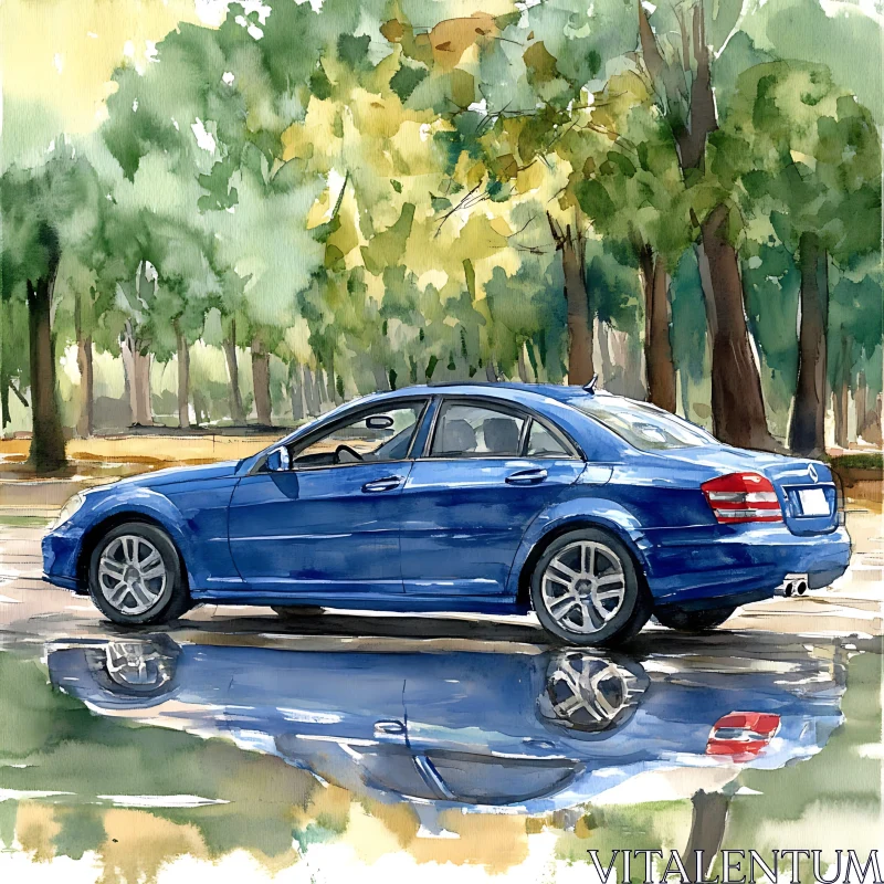 Serene Blue Sedan in Watercolor Art AI Image