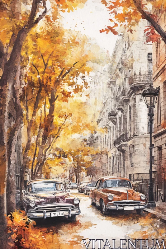 Classic Cars Parked on an Autumn Street AI Image